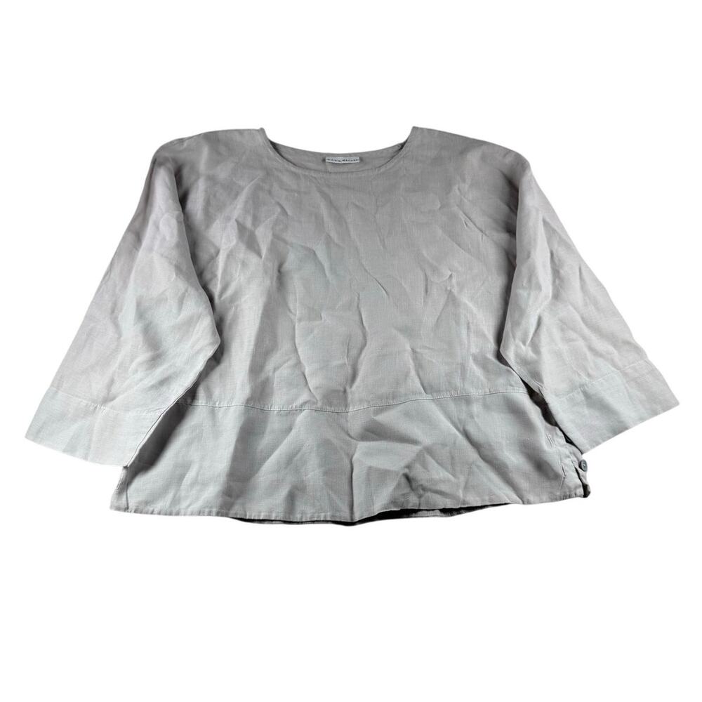 Bryn Walker Linen Gray Crop Boxy Blouse M Top Side Button Shirt Resort Lagenlook